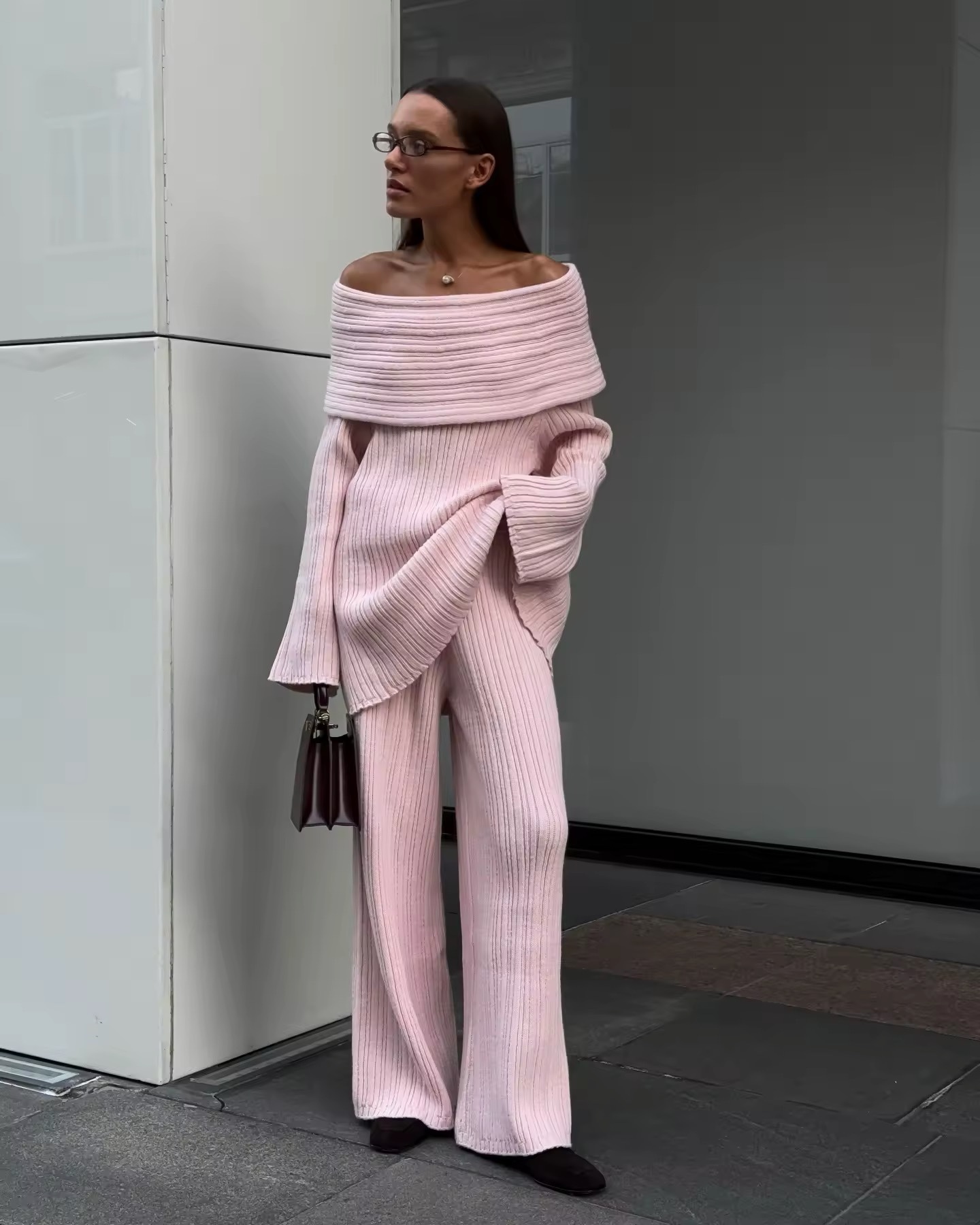 Off Shoulder Knitwear Long Sleeve Top & Trousers Set