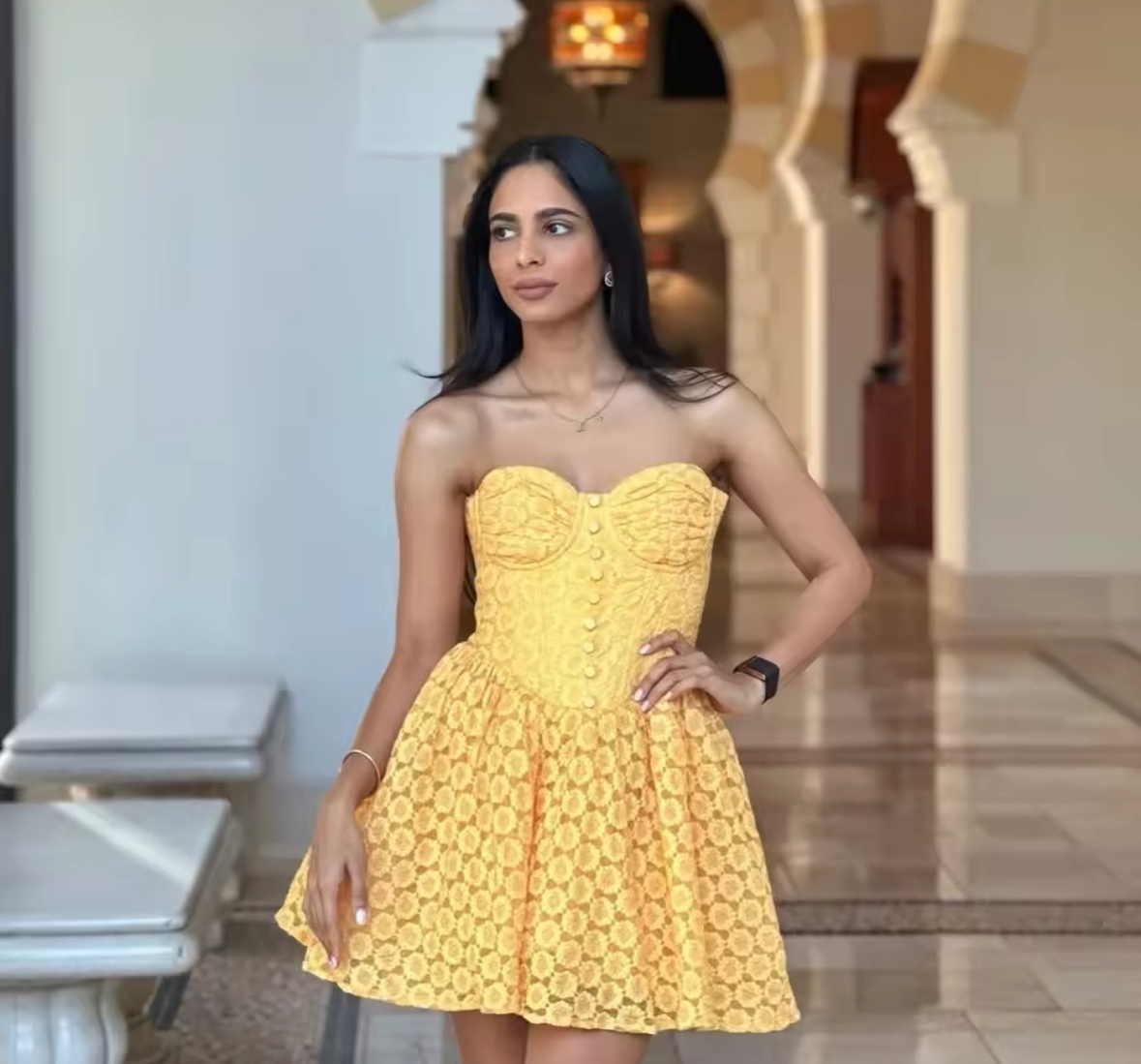 Strapless Yellow A Line Summer Holiday Mini Dress