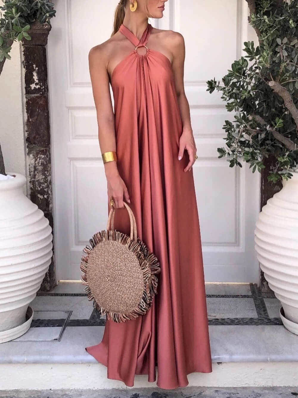 Halter Scoop Neck Holiday Vacation Maxi Dress