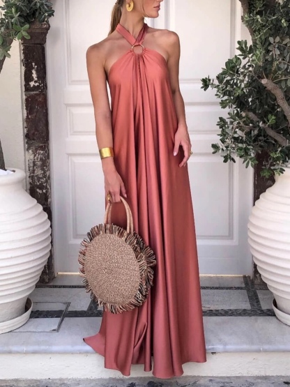 Halter Scoop Neck Holiday Vacation Maxi Dress