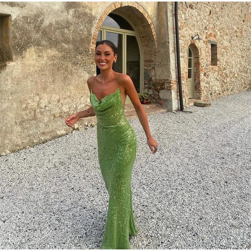 Green Sequin Scoop Neck Glitter Holiday Vacation Summer Maxi Dress