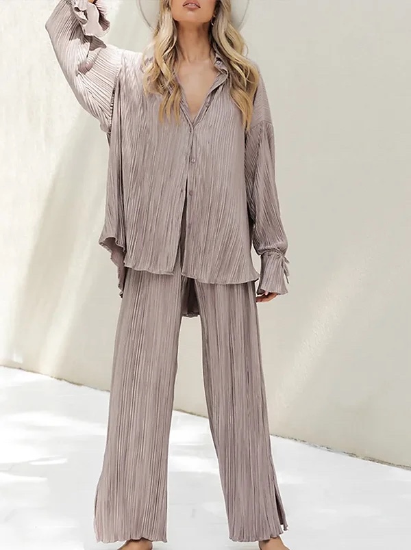 Pleated 2 Piece Set Long Sleeve Top & Wide Leg Pant
