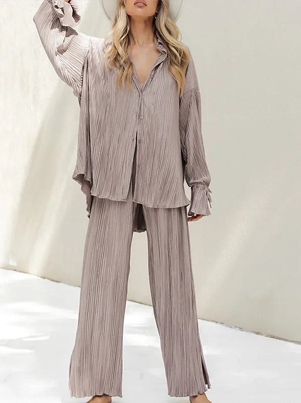 Pleated 2 Piece Set Long Sleeve Top & Wide Leg Pant