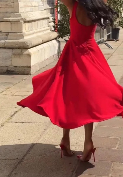 Red Square Neck Sleeveless Vacation Summer A Line Midi Dress