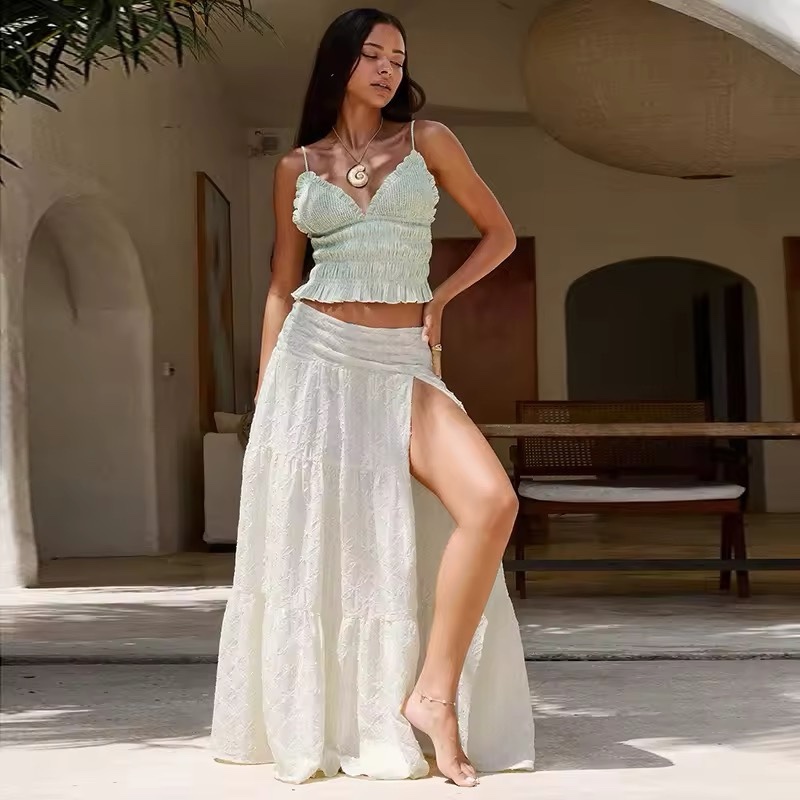 White Side Spilt Long Summer Vacation Maxi Skirt