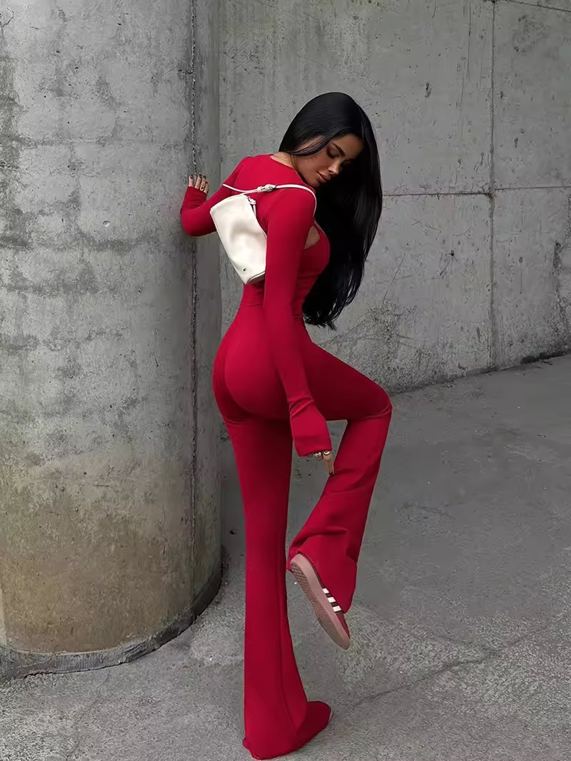 Long Sleeve Bodycon Flared Jumpsuit