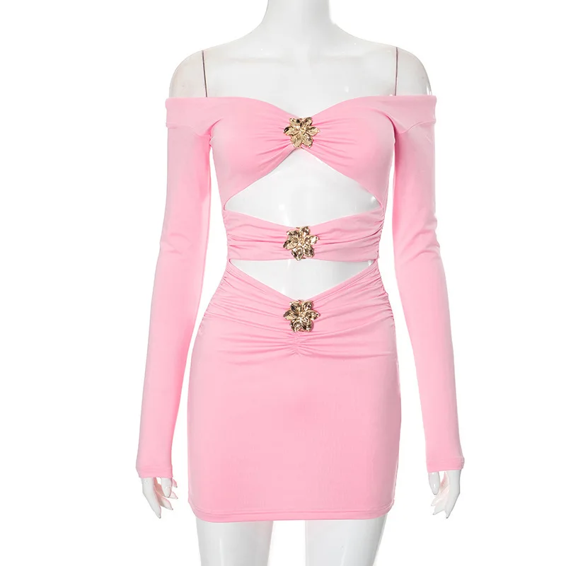 Gold Flower Pink Strapless Cut Out Bodycon Mini Dress