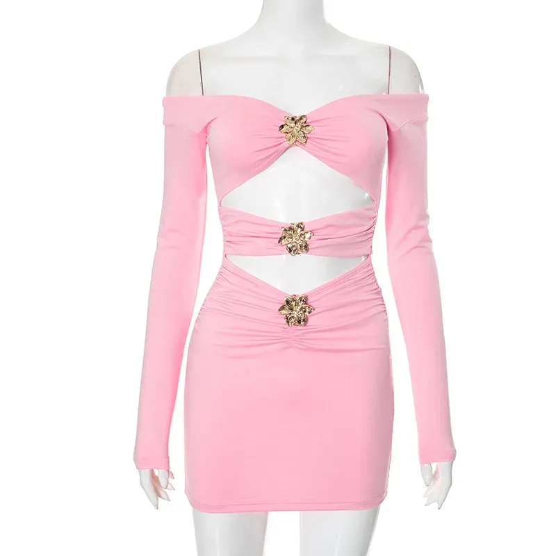 Gold Flower Pink Strapless Cut Out Bodycon Mini Dress