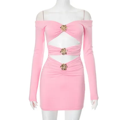 Gold Flower Pink Strapless Cut Out Bodycon Mini Dress