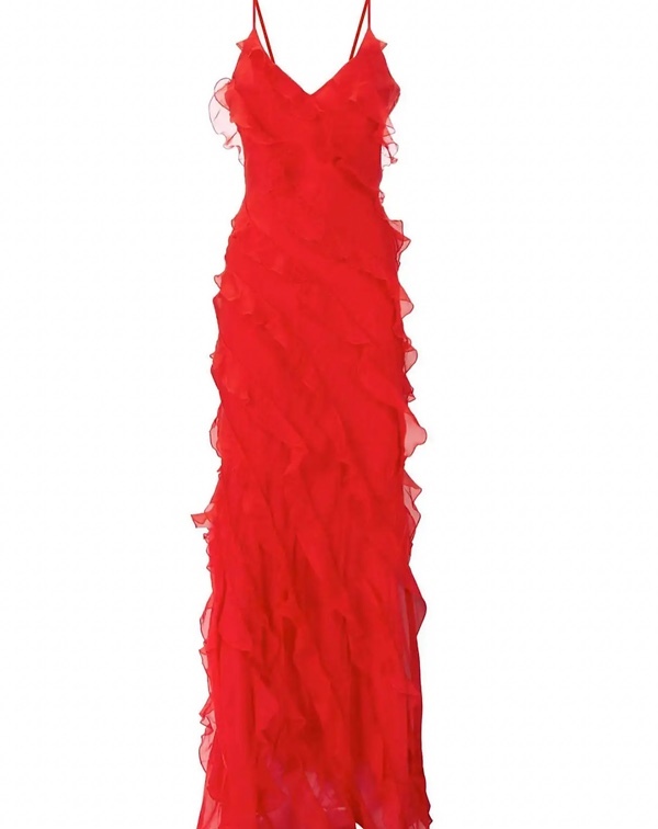 Elegant Red Chiffon Slip Spaghetti Strap Backless Ruffles Maxi Dress