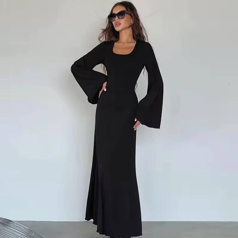 Flared Long Sleeve Lace Up Maxi Dress