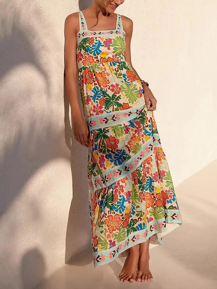Floral Printed Square Neck Sleeveless Maxi Dress