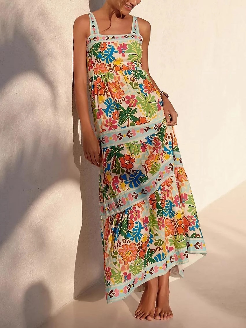Floral Printed Square Neck Sleeveless Maxi Dress