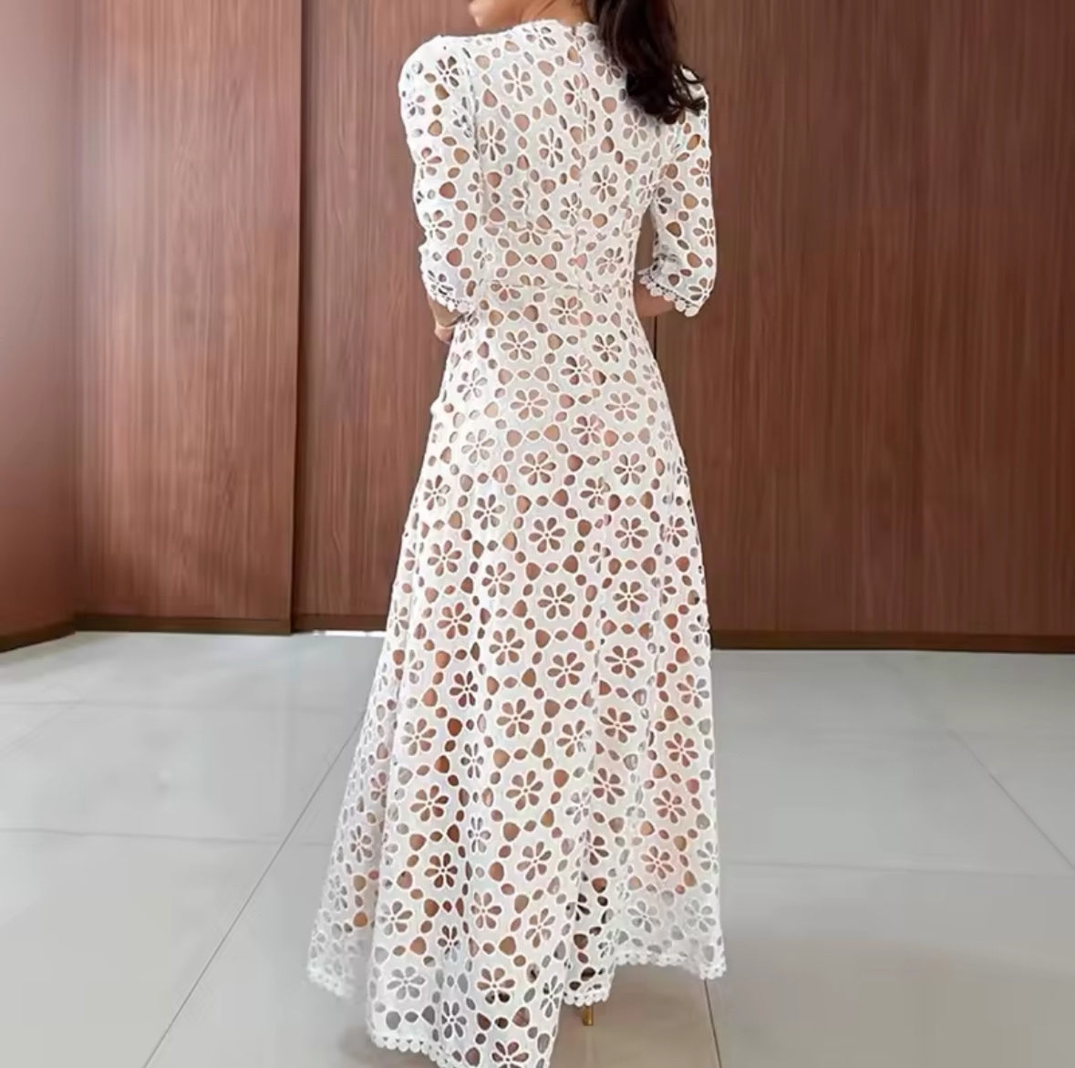 Crochet Patterned Short Sleeve A Line Summer Vacation Maxi Dress
