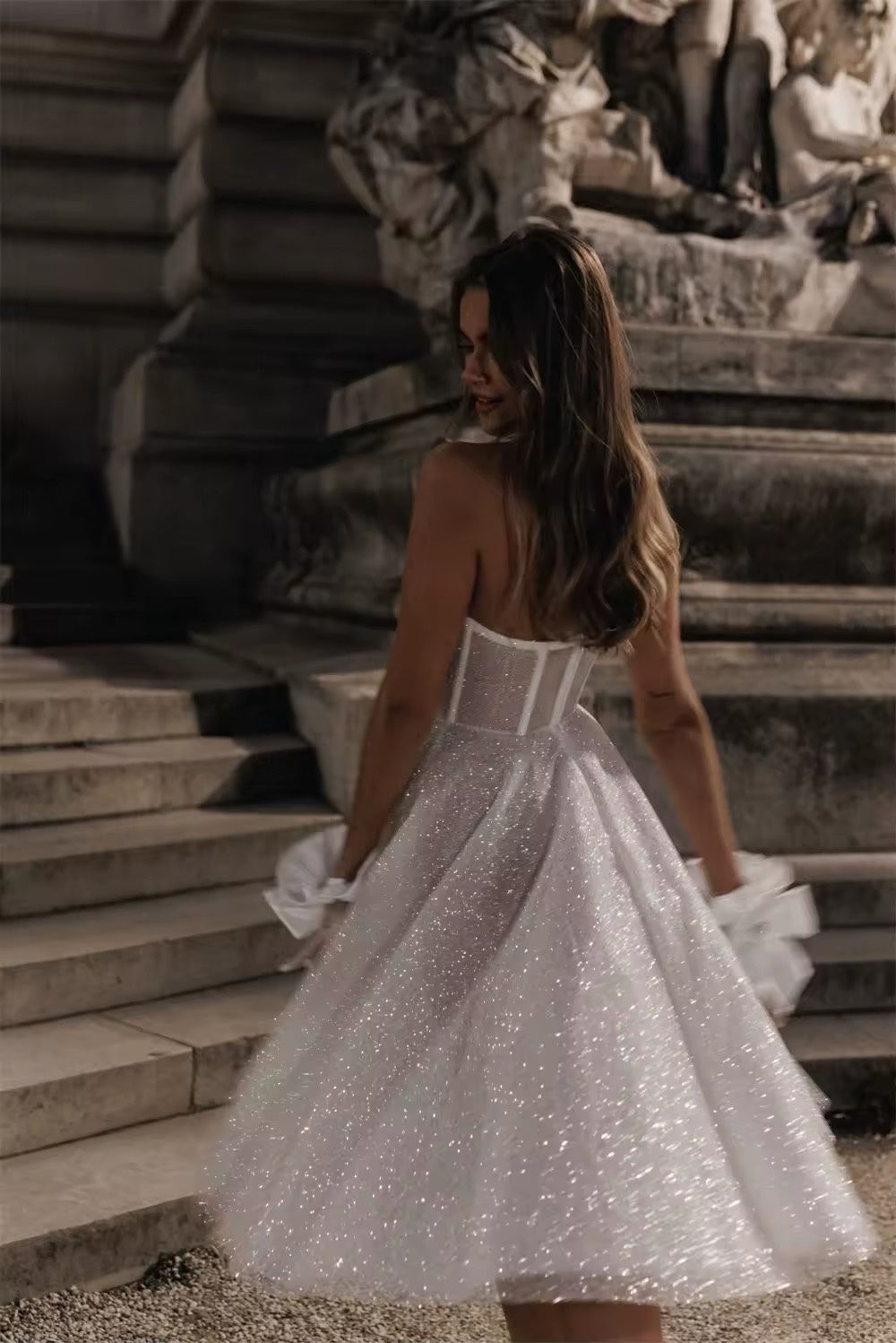 Strapless Corset Style Glitter Sparkly Midi Prom Dress