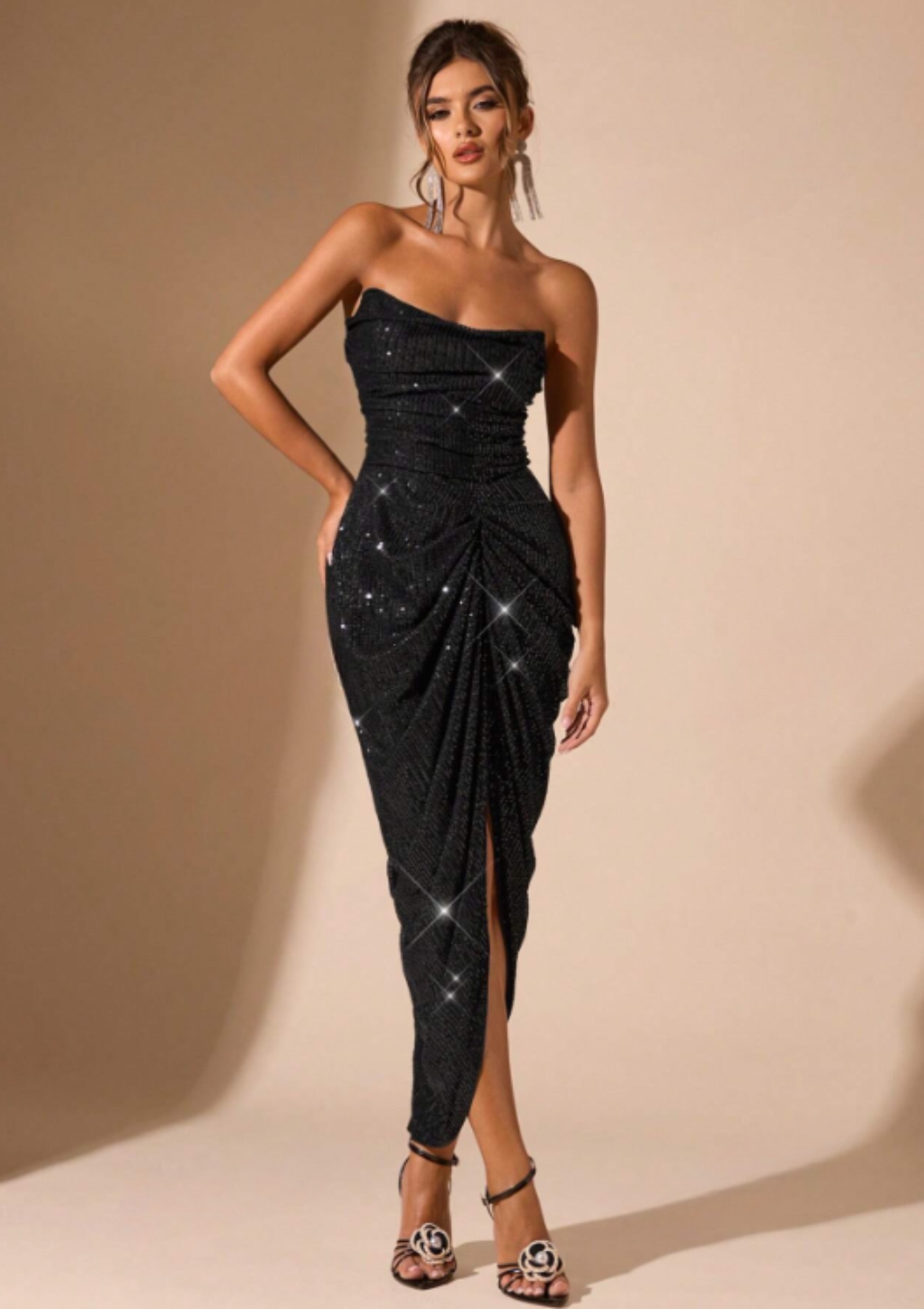 Strapless Sequin Glitter Spilt Bodycon Maxi Dress