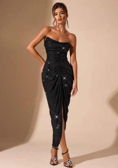 Strapless Sequin Glitter Spilt Bodycon Maxi Dress