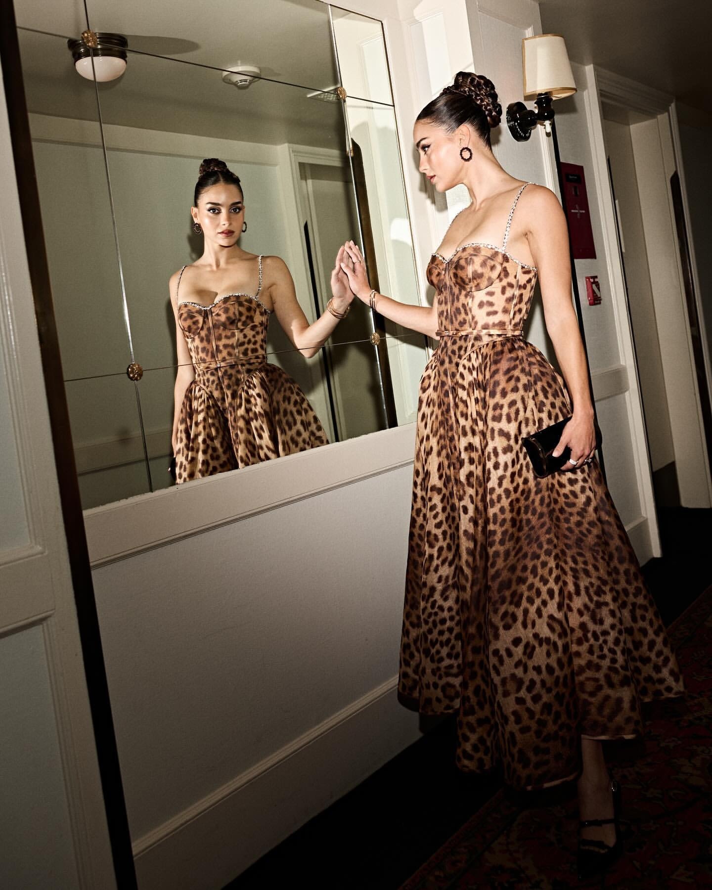 Rhinestone Diamond Strap Leopard Print A Line Midi Dress