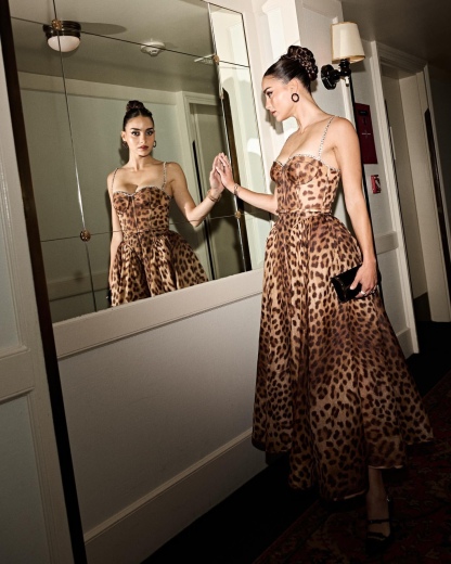 Rhinestone Diamond Strap Leopard Print A Line Midi Dress