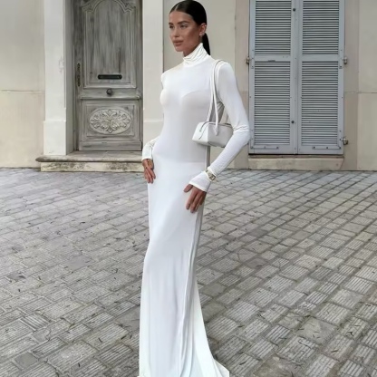 White Turtleneck Long Sleeve Bodycon Maxi Dress
