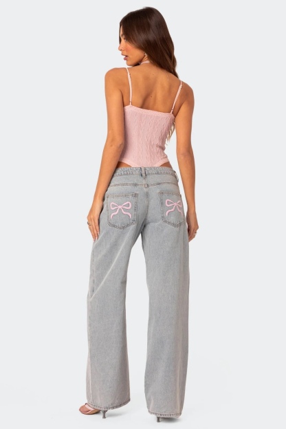 Pink Bow Pocket Straight Leg Boyfriend Jeans