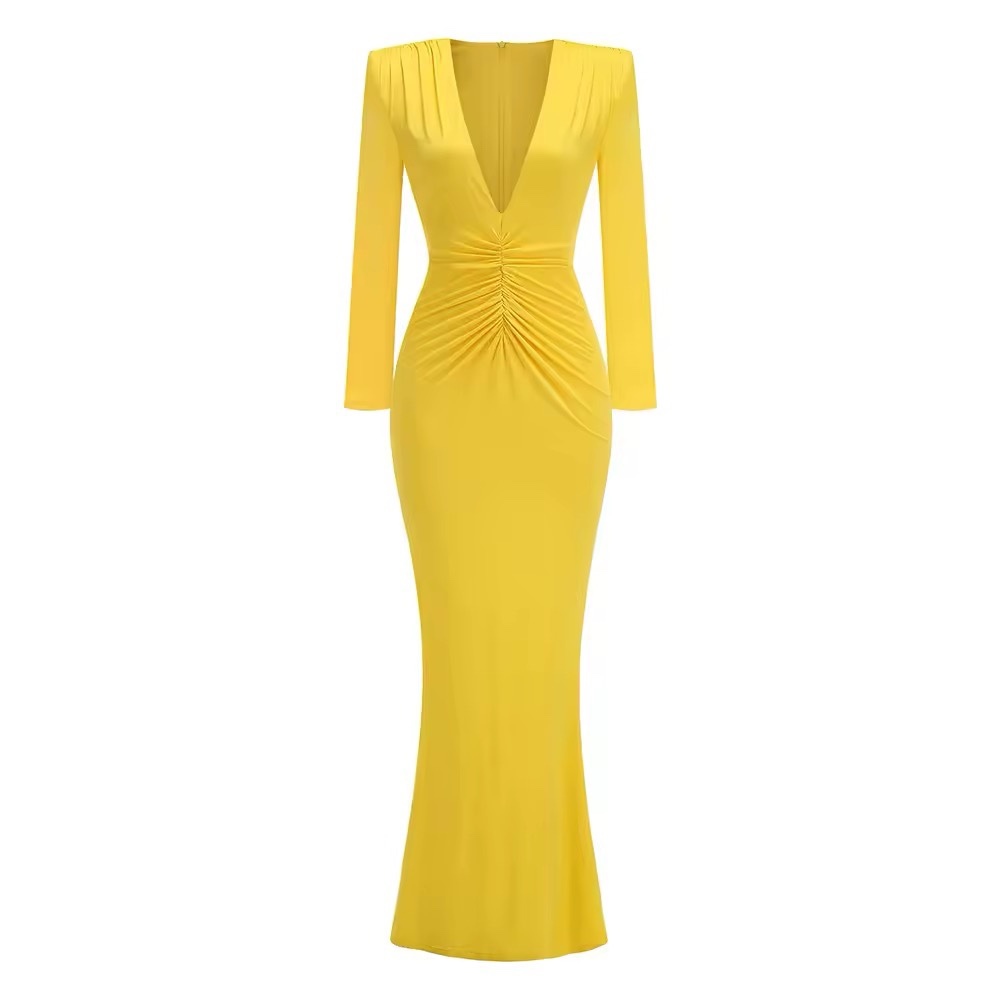 Deep V Neck Long Sleeve Elegant Bodycon Maxi Dress