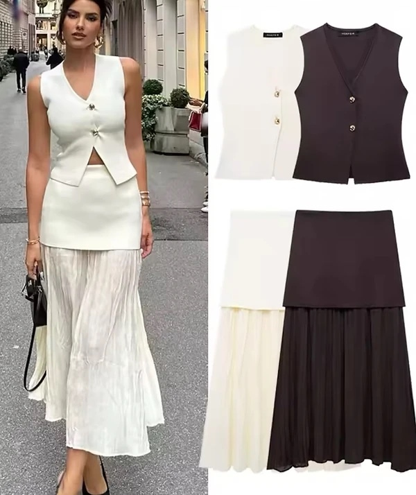 Button V Neck Top & Maxi Skirt Set Two Piece