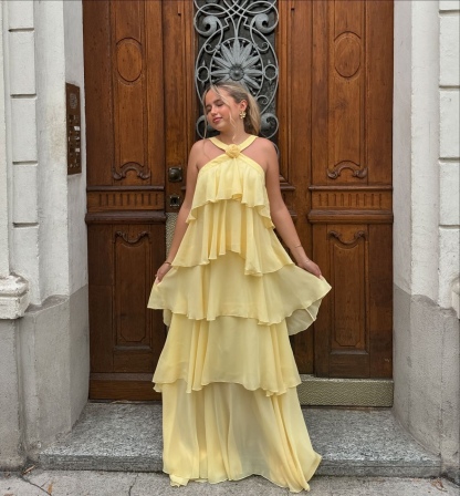 Pink Flower Detail Layered Ruffle Backless Maxi Dress Elegant