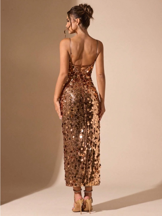 Gold Sequin Spaghetti Strap Maxi Dress