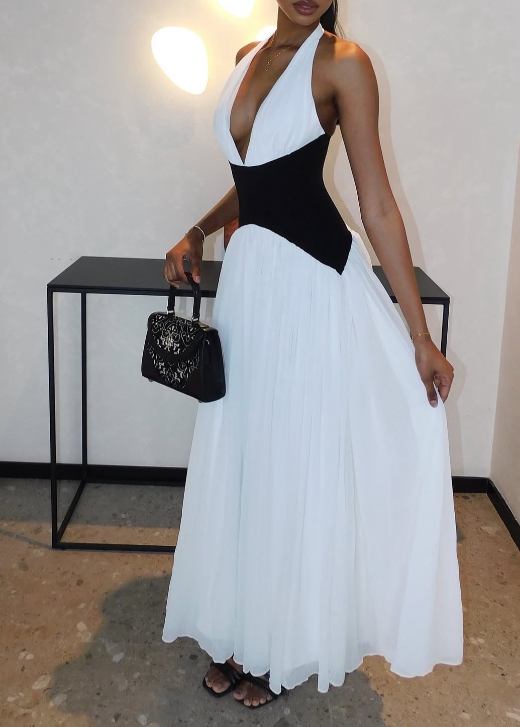 Two Tone Contrast V Neck Halter A Line Maxi Dress