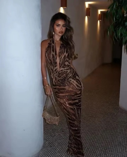 Brown Zebra Print Sequin Glitter Maxi Dress