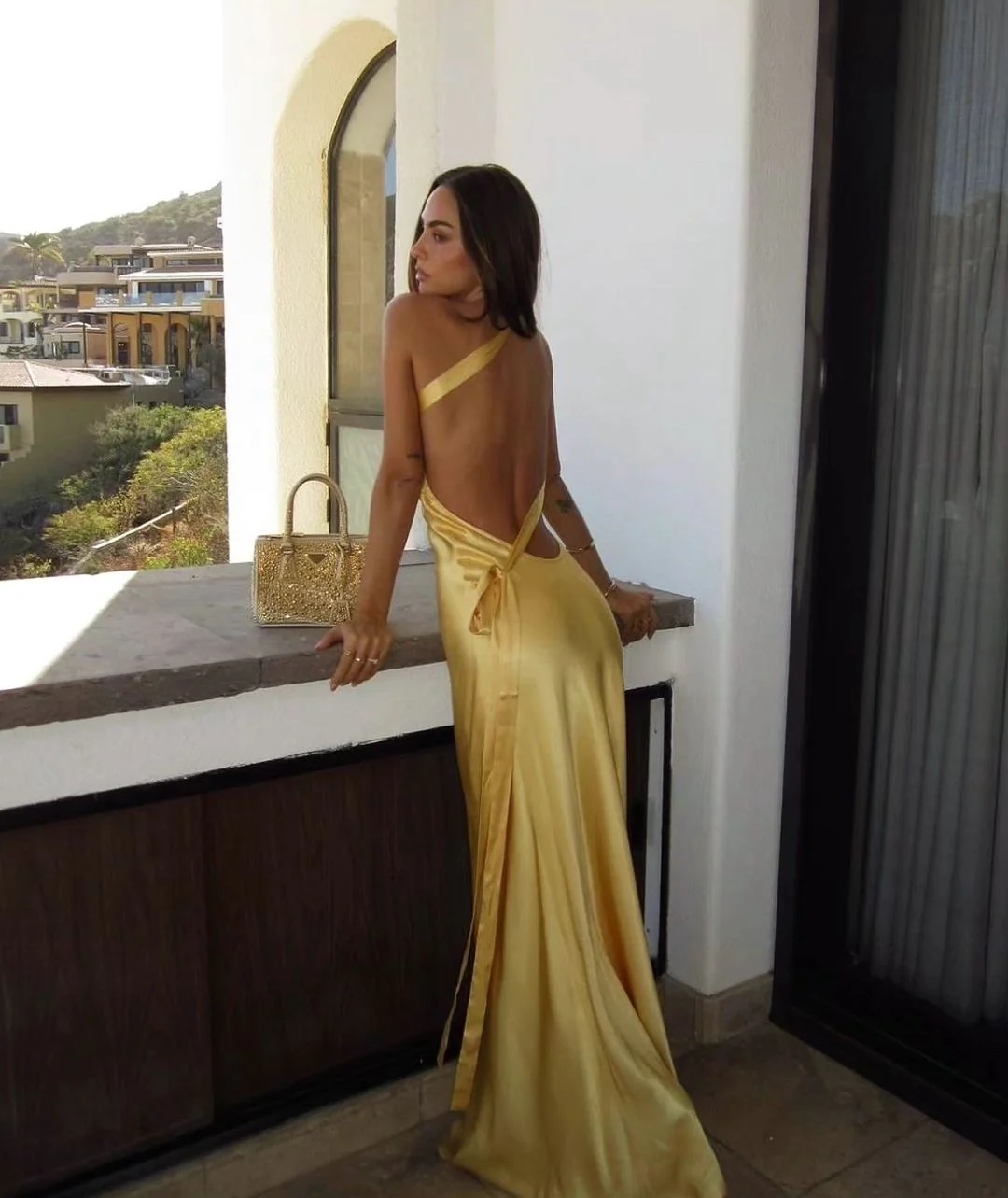Yellow Open Back One Shoulder Backless Maxi Dress