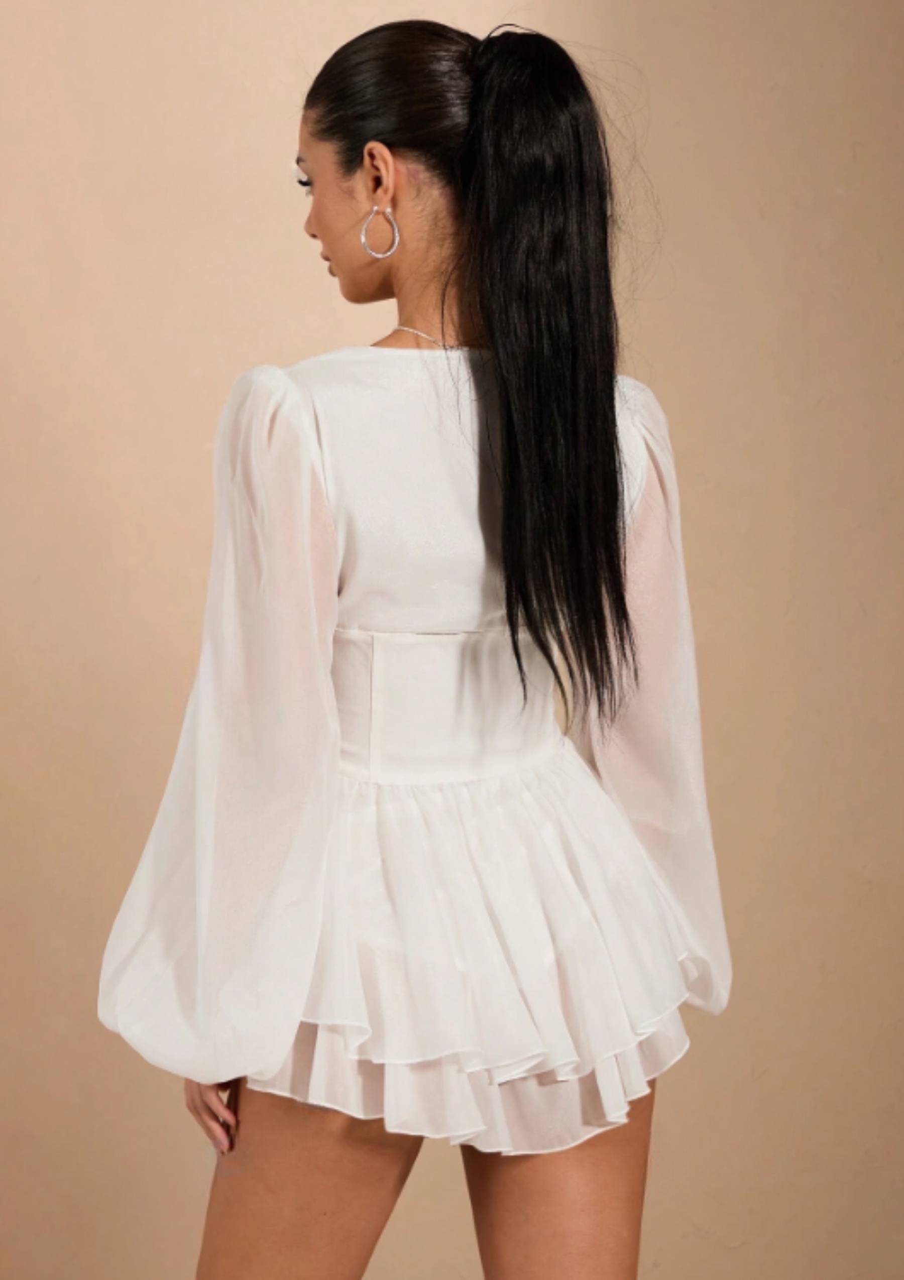 Long Sleeve Mesh V Neck A-Line Mini Dress