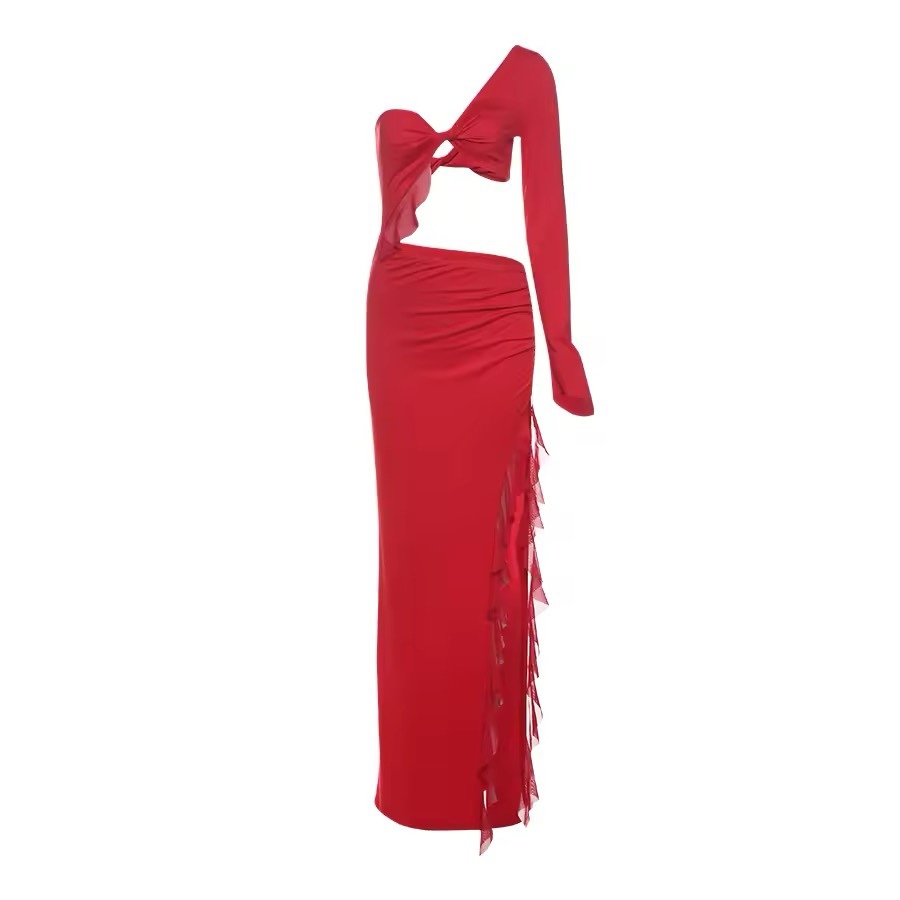One Shoulder Cut Out Long Sleeve Bodycon Maxi Dress