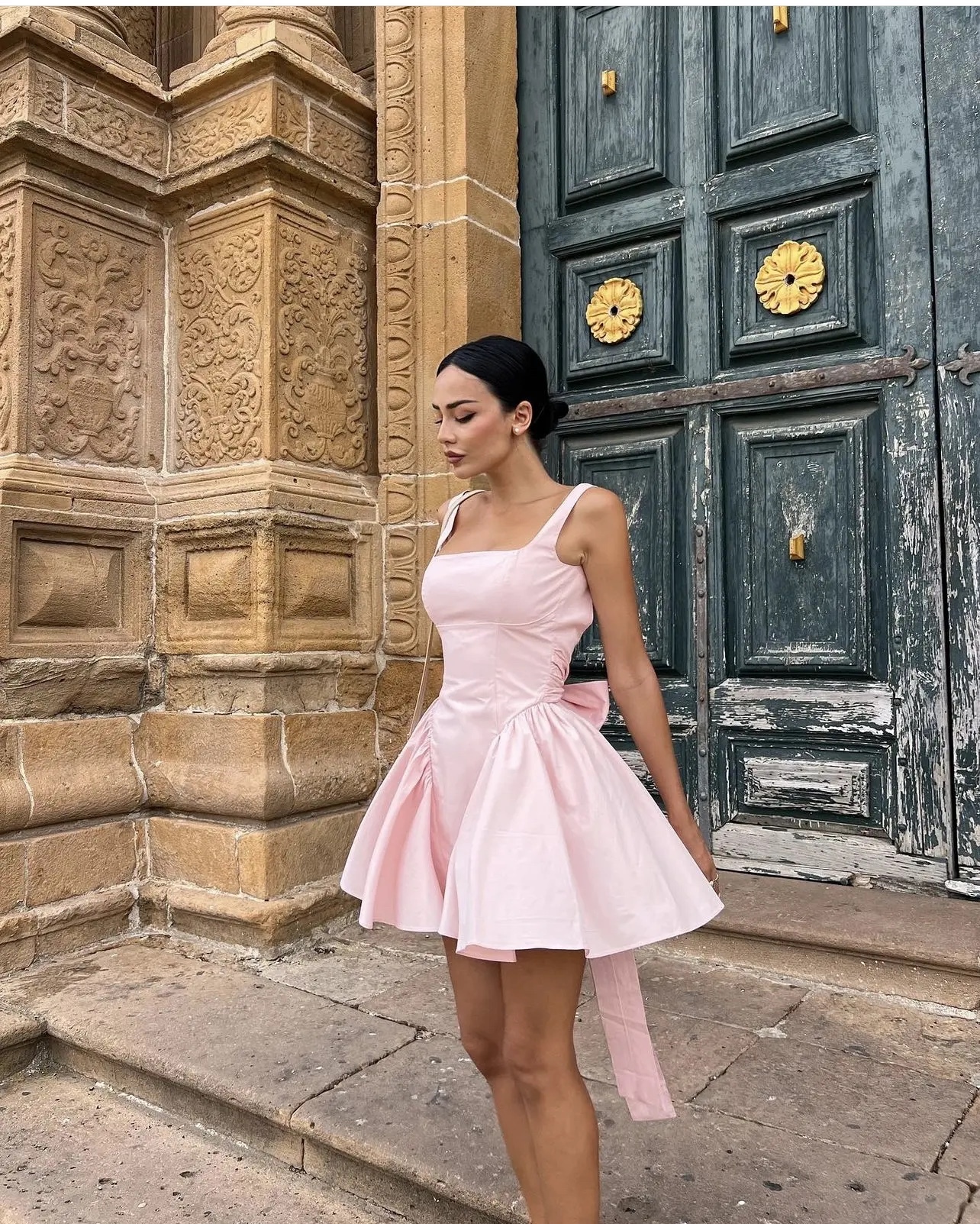 Pink A Line Vacation Bow Backless Short Mini Dress