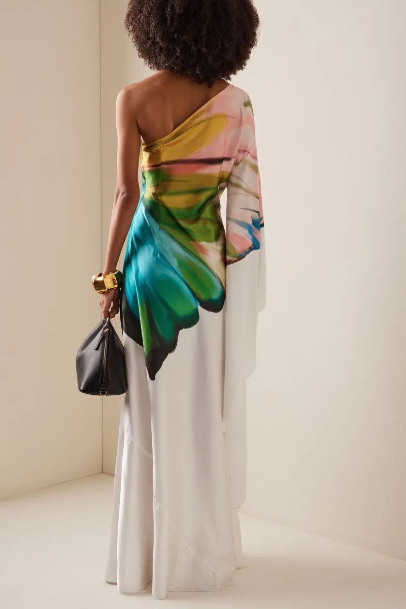 One Shoulder Long Sleeve Satin Silk Maxi Dress