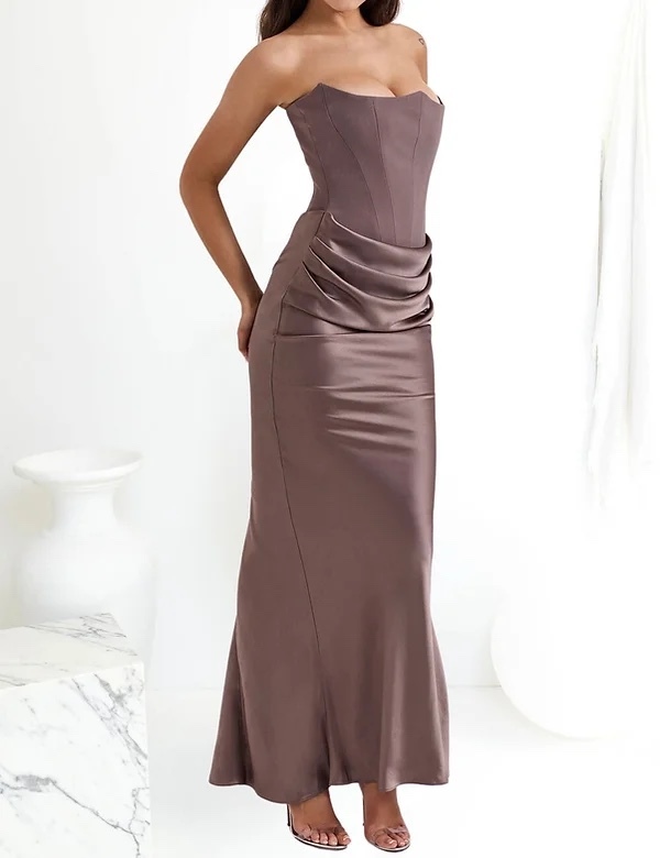 Elegant Brown Satin Silk Formal Maxi Dress