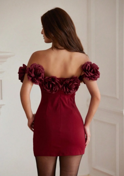 3D Floral Off Shoulder Hem Mini Dress
