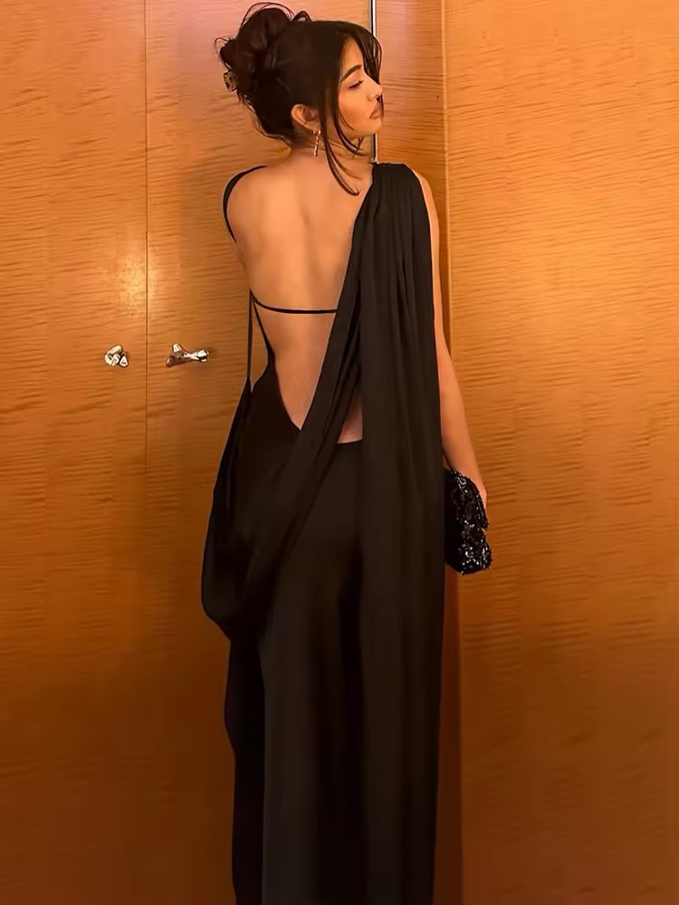 Black Open Back Draping Sleeve Occasionally Backless Maxi Dress