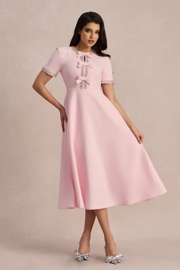 Elegant Rhinestone Bow Pink Midi A Line Dress