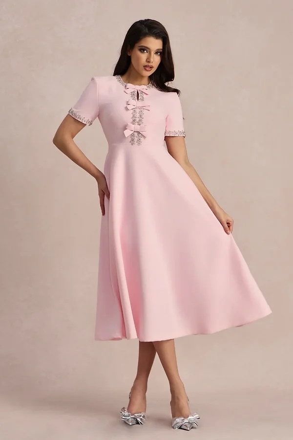 Elegant Rhinestone Bow Pink Midi A Line Dress