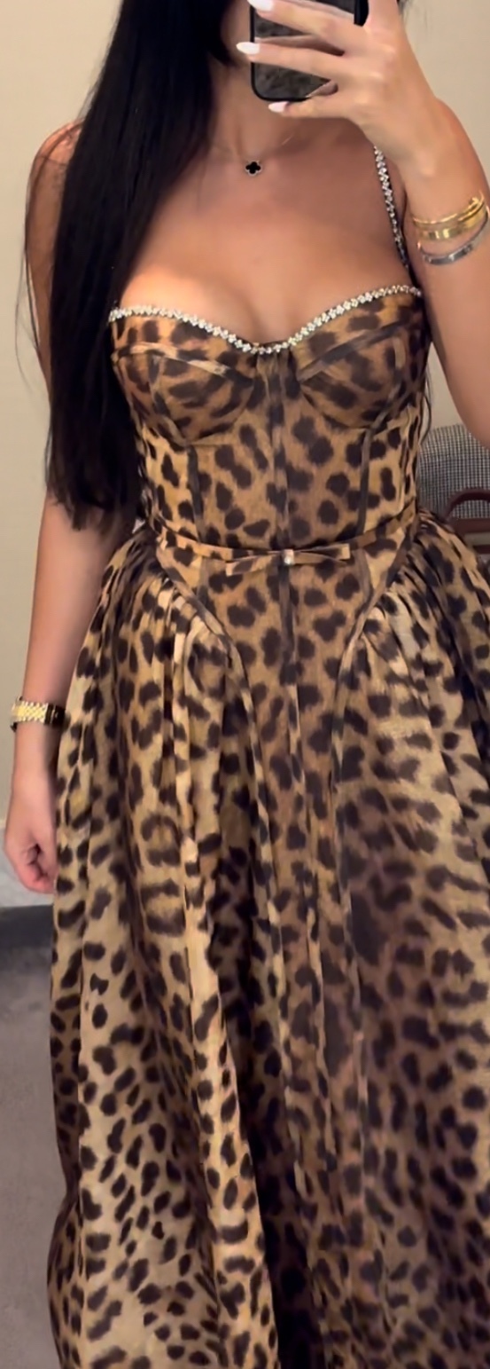 Rhinestone Diamond Strap Leopard Print A Line Midi Dress