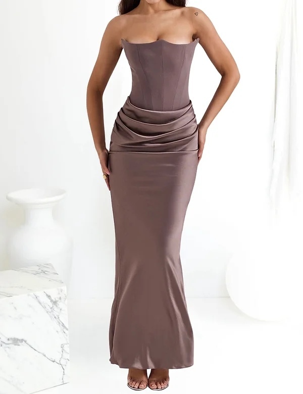 Elegant Brown Satin Silk Formal Maxi Dress
