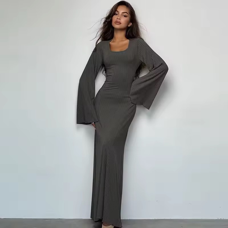 Flared Long Sleeve Lace Up Maxi Dress