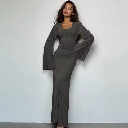 Flared Long Sleeve Lace Up Maxi Dress
