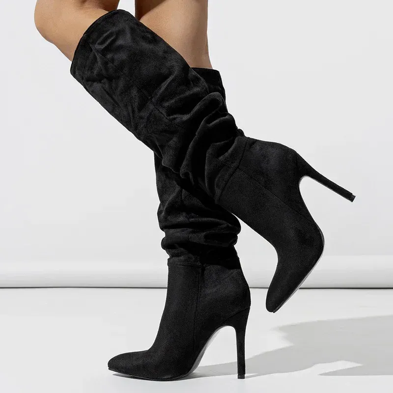 Pleated Pointed Toe Knee-High Boots