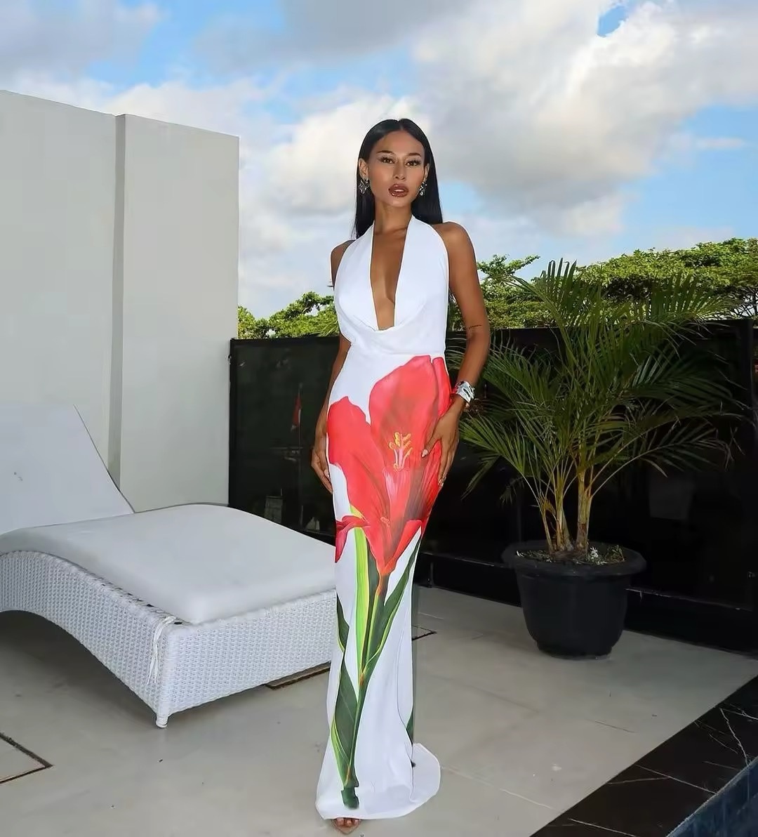Halter Scoop Neck Sleeveless Bodycon Summer Holiday Vacation Maxi Dress