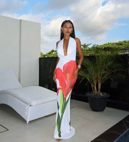 Halter Scoop Neck Sleeveless Bodycon Summer Holiday Vacation Maxi Dress