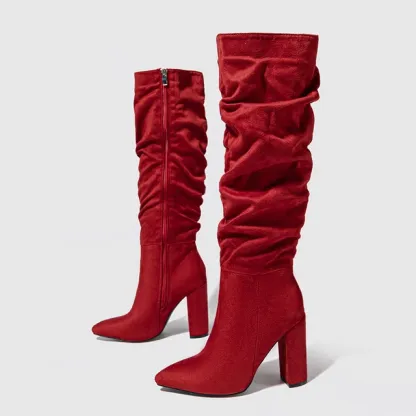 Eilyken Street Style Pleated Pointed Toe Zip Thigh High Boots Female Square Heel Design Over The Knee Women's Shoes