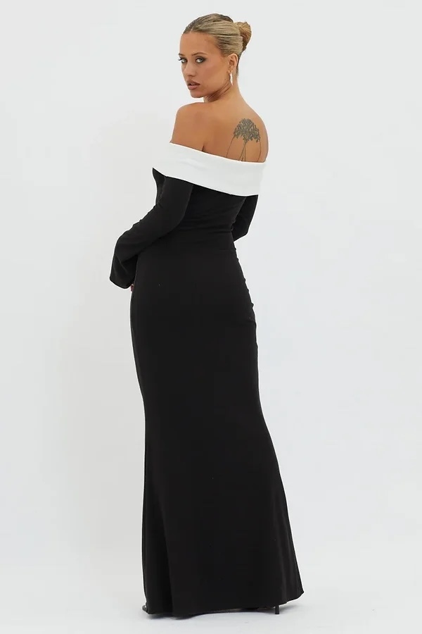 Black White Two Tone Long Sleeve Bodycon Maxi Dress